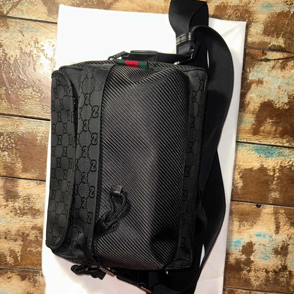 Gucci Black GG Monogram Messenger Bag with Adjustable Strap